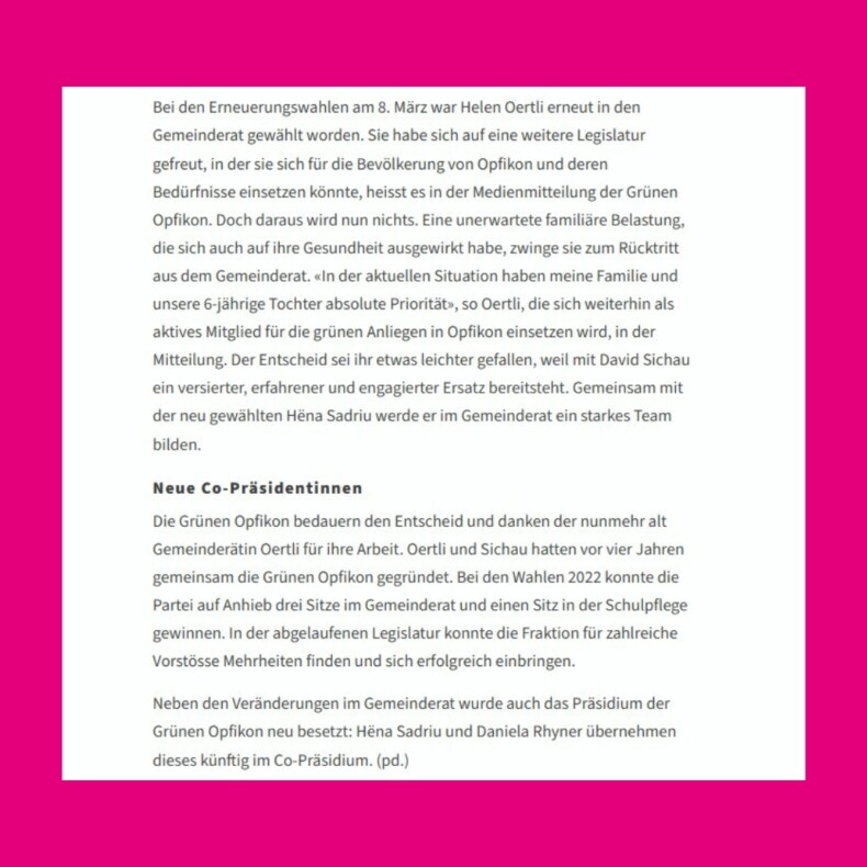 Artikel im Stadt Anzeiger: "Sichau ersetzt Helen Oertli". Seite 2